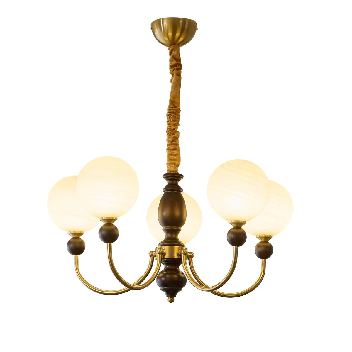 Carmina Orbital Chandelier – Modern Glass and Wood Designer Ceiling Light