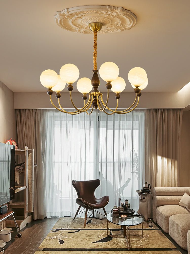 Carmina Orbital Chandelier – Modern Glass and Wood Designer Ceiling Light