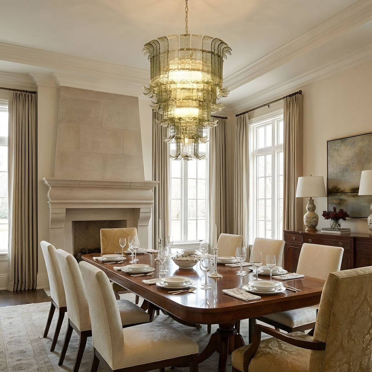 Cascade Glass Green Chandelier | Handcrafted Murano Glass Pendant for Dining & Living Rooms