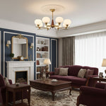 Celeste Walnut Sphere Chandelier – Modern Brass & Glass Pendant Light