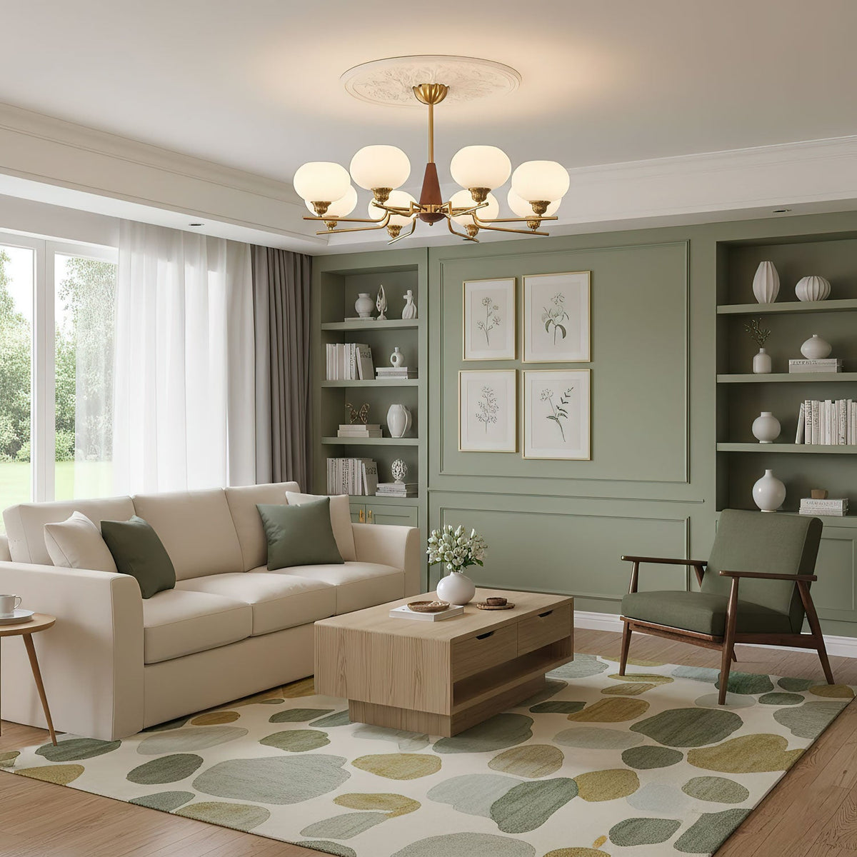 Celeste Walnut Sphere Chandelier – Modern Brass & Glass Pendant Light