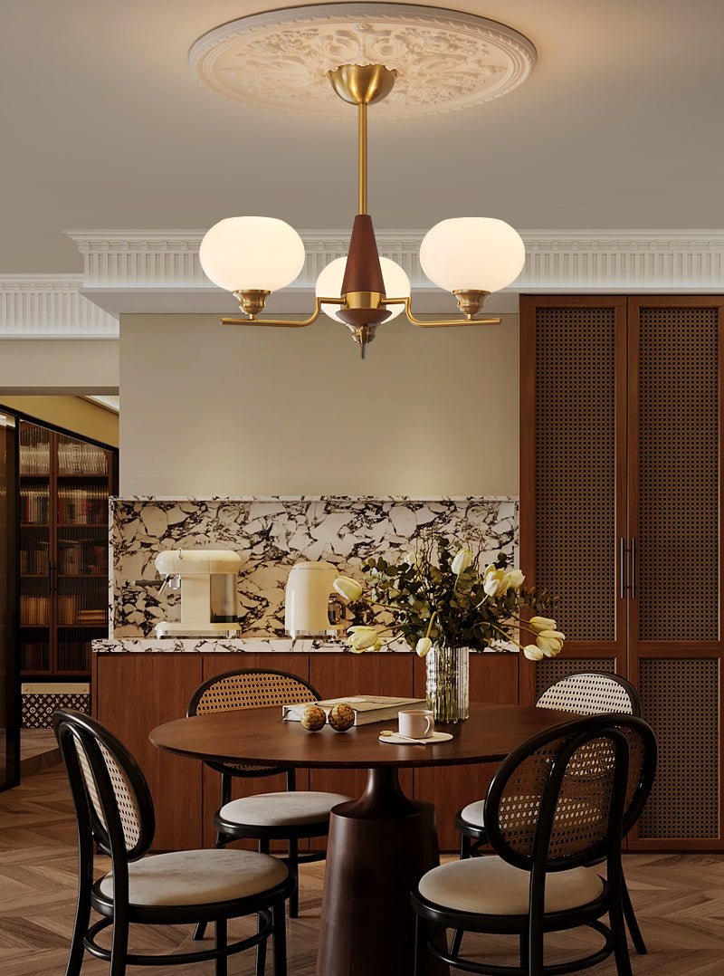 Celeste Walnut Sphere Chandelier – Modern Brass & Glass Pendant Light