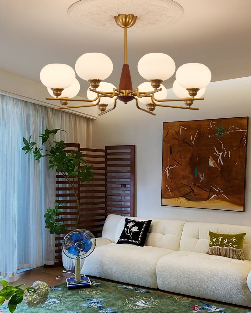 Celeste Walnut Sphere Chandelier – Modern Brass & Glass Pendant Light