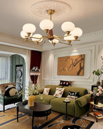 Celeste Walnut Sphere Chandelier – Modern Brass & Glass Pendant Light