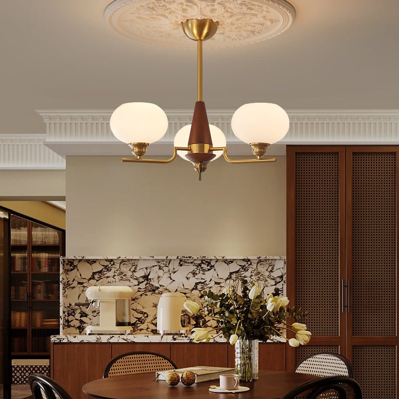 Celeste Walnut Sphere Chandelier – Modern Brass & Glass Pendant Light