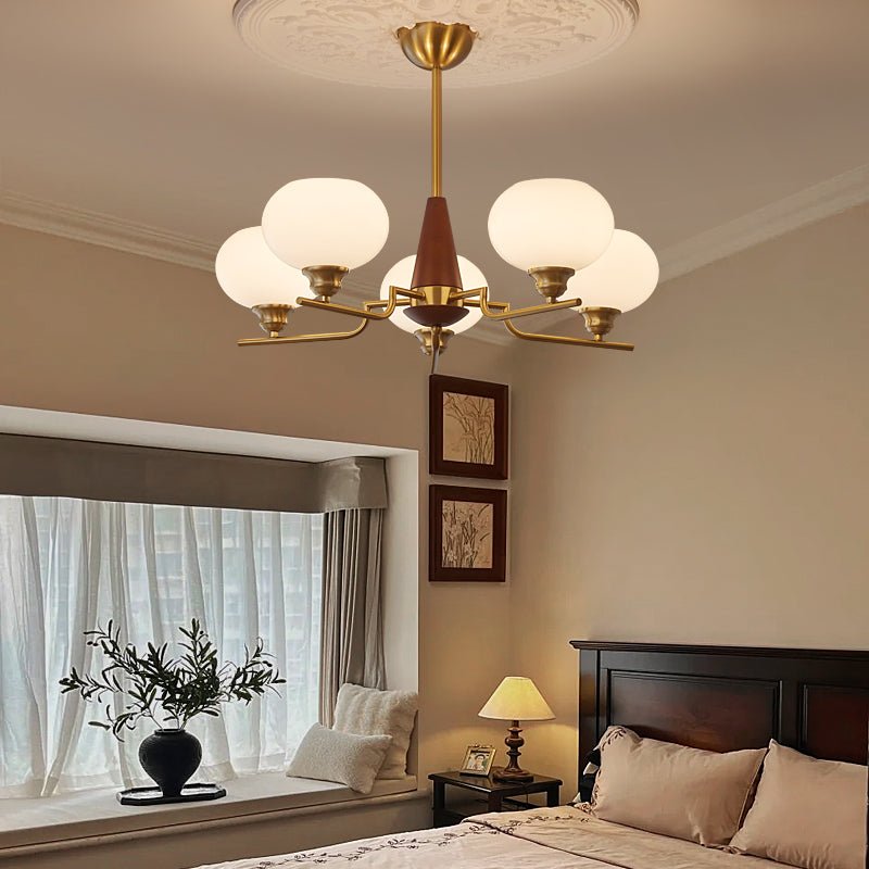 Celeste Walnut Sphere Chandelier – Modern Brass & Glass Pendant Light