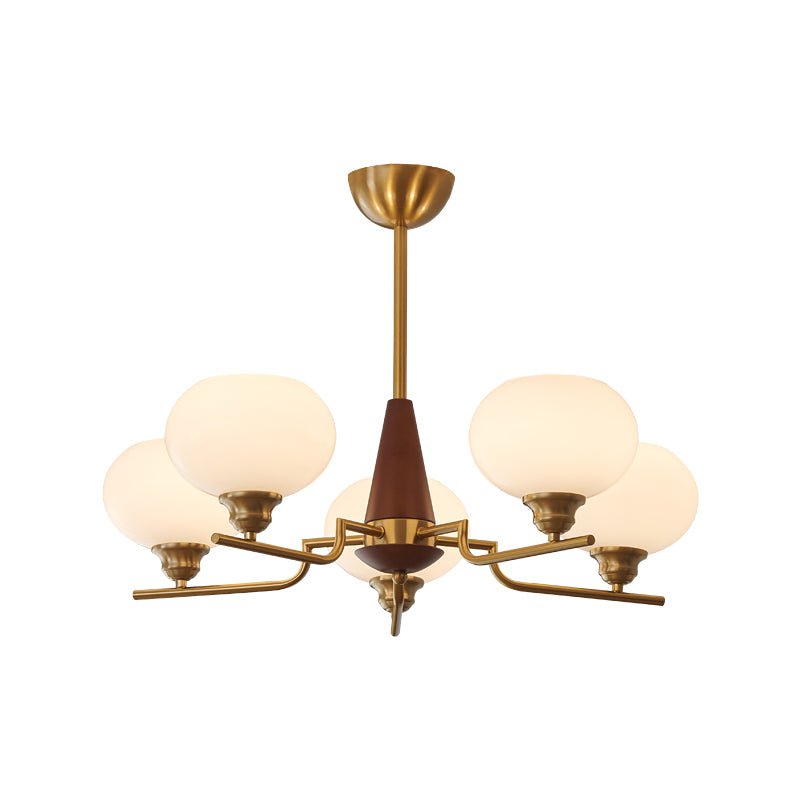 Celeste Walnut Sphere Chandelier – Modern Brass & Glass Pendant Light
