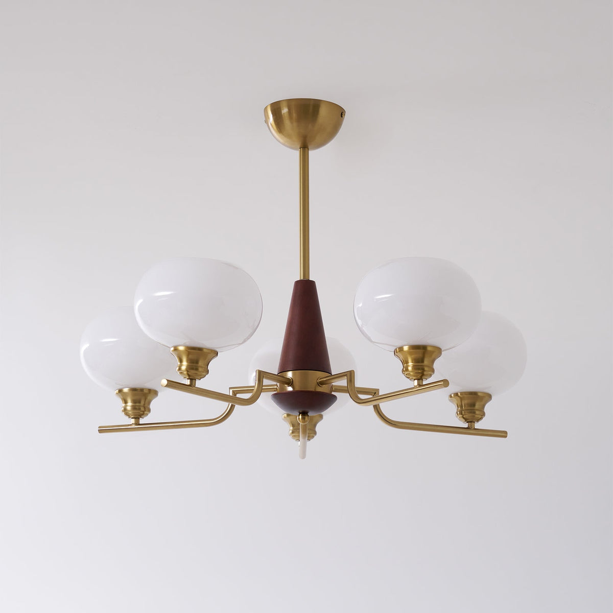 Celeste Walnut Sphere Chandelier – Modern Brass & Glass Pendant Light