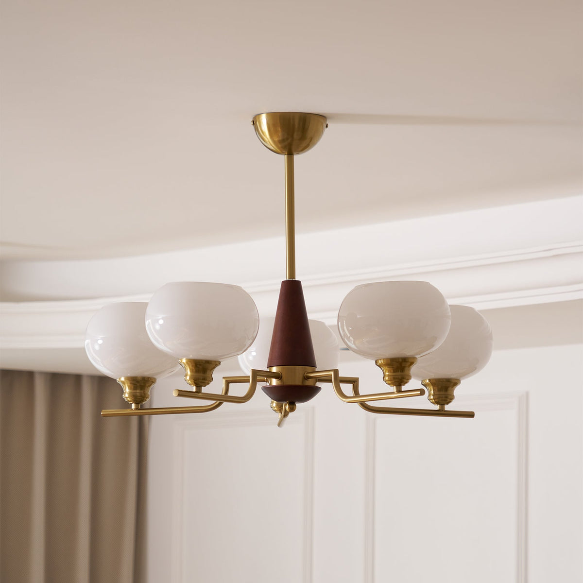 Celeste Walnut Sphere Chandelier – Modern Brass & Glass Pendant Light
