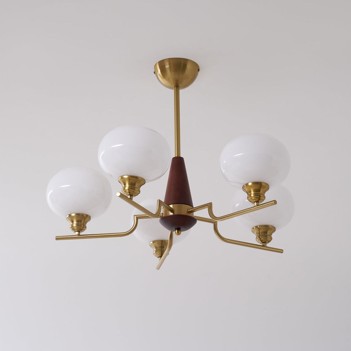 Celeste Walnut Sphere Chandelier – Modern Brass & Glass Pendant Light