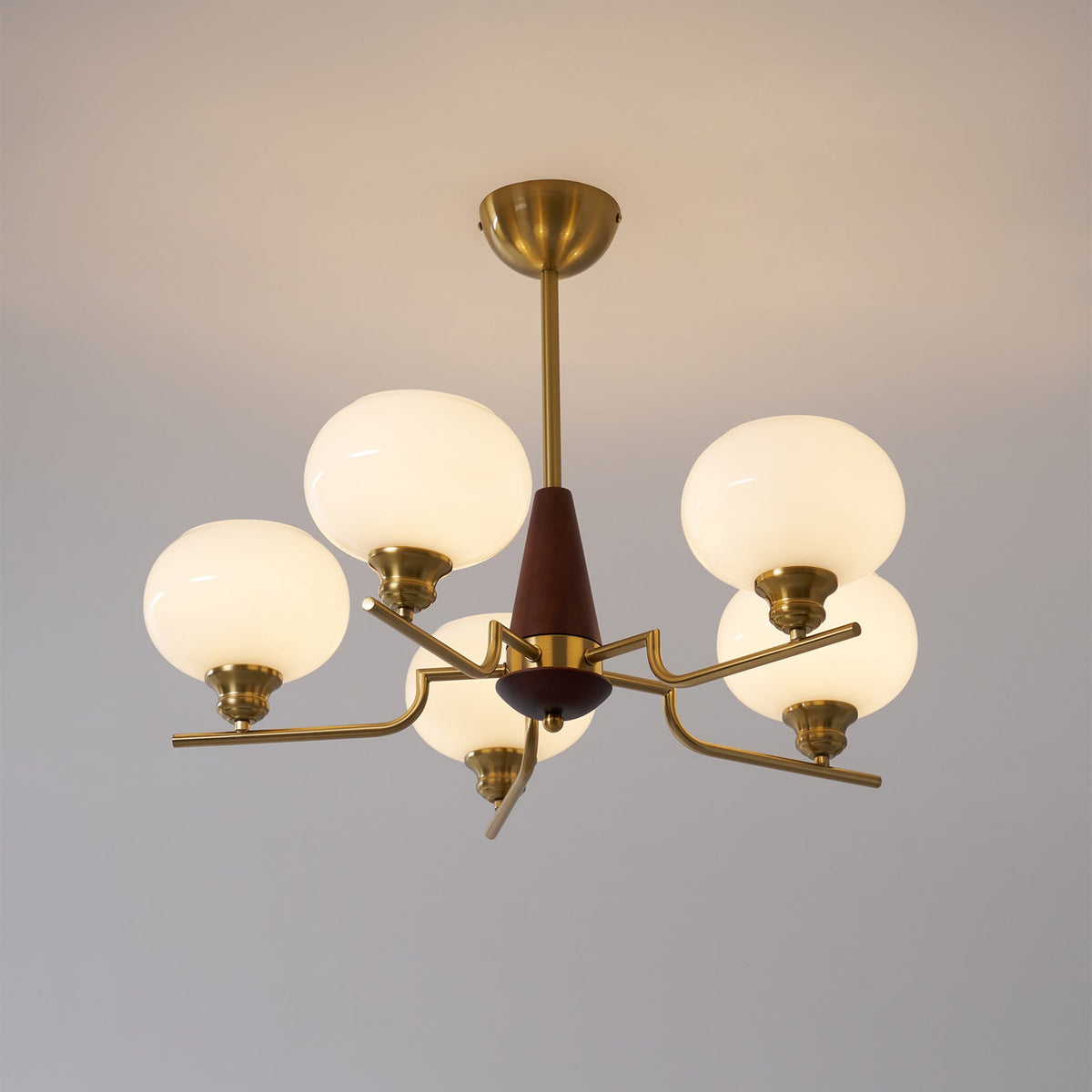Celeste Walnut Sphere Chandelier – Modern Brass & Glass Pendant Light