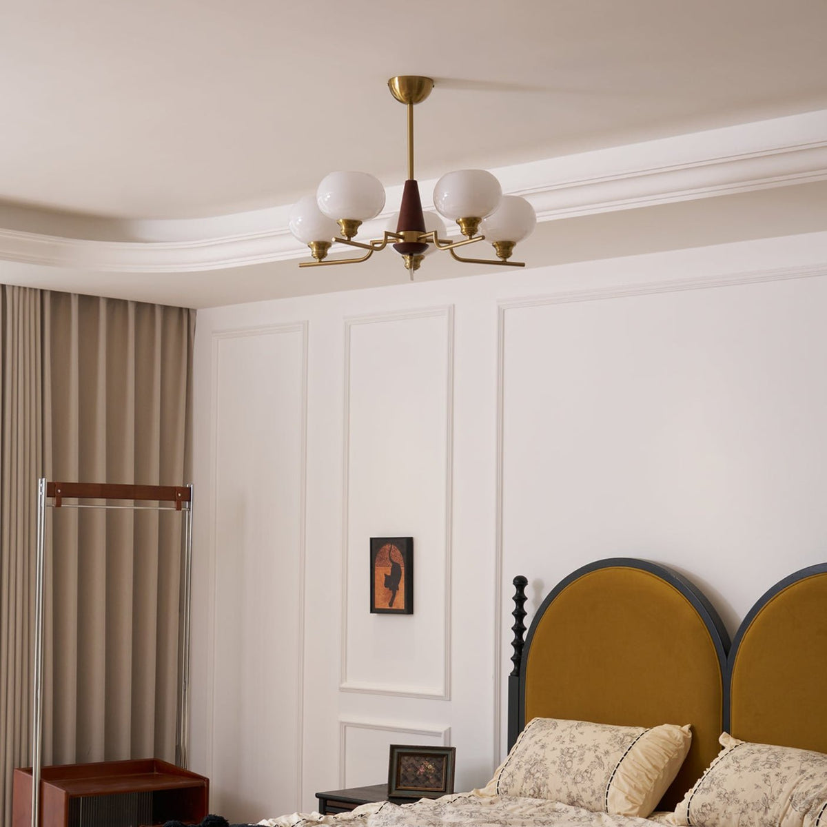 Celeste Walnut Sphere Chandelier – Modern Brass & Glass Pendant Light