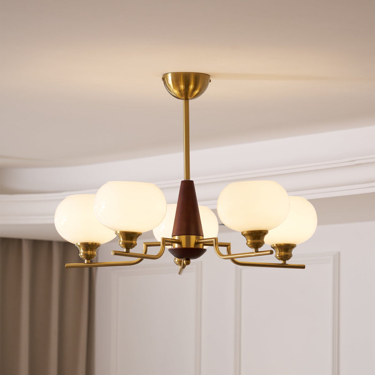Celeste Walnut Sphere Chandelier – Modern Brass & Glass Pendant Light