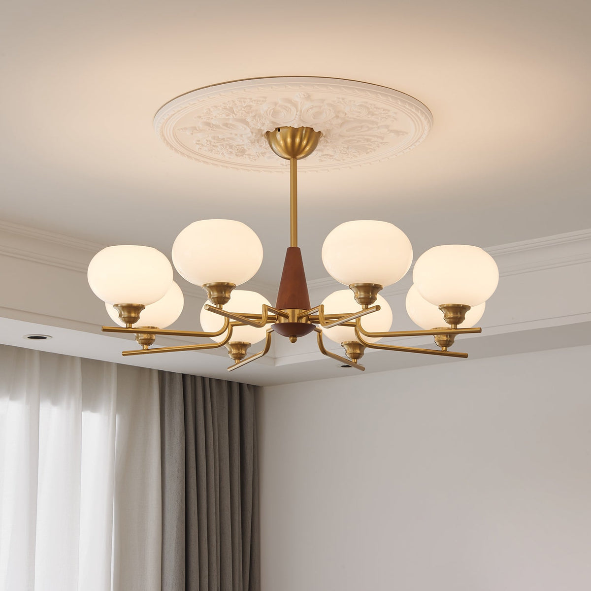 Celeste Walnut Sphere Chandelier – Modern Brass & Glass Pendant Light