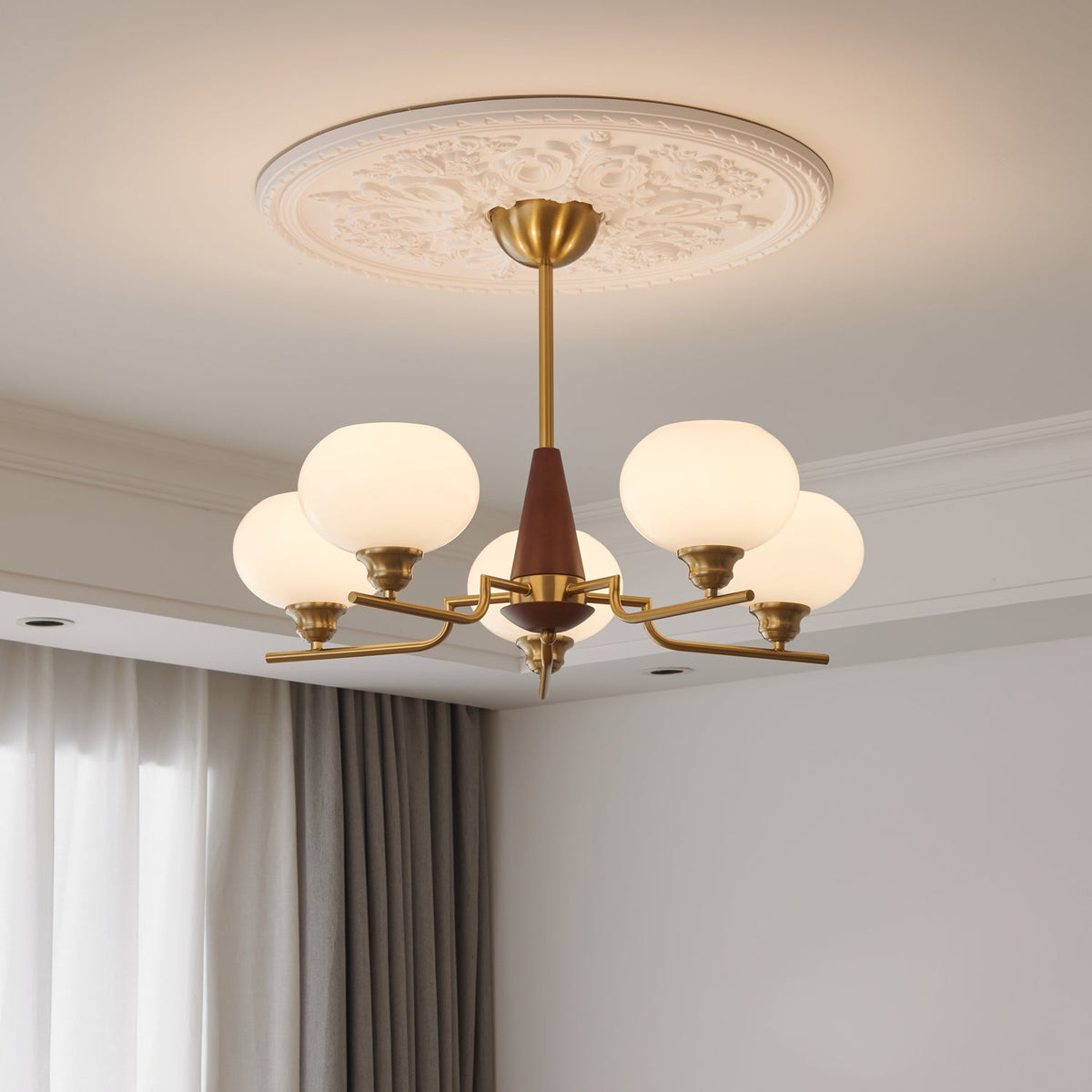 Celeste Walnut Sphere Chandelier – Modern Brass & Glass Pendant Light