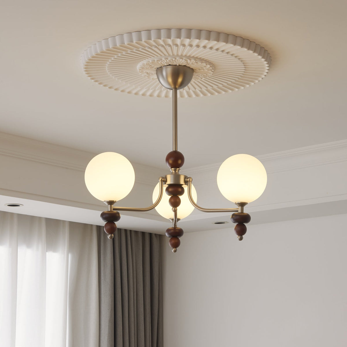 Celestial Sphere Walnut Chandelier – Modern Wood & Glass Pendant Light