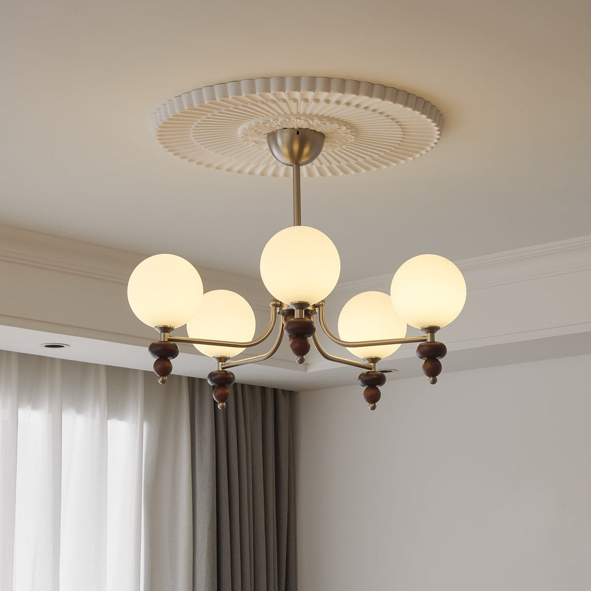 Celestial Sphere Walnut Chandelier – Modern Wood & Glass Pendant Light