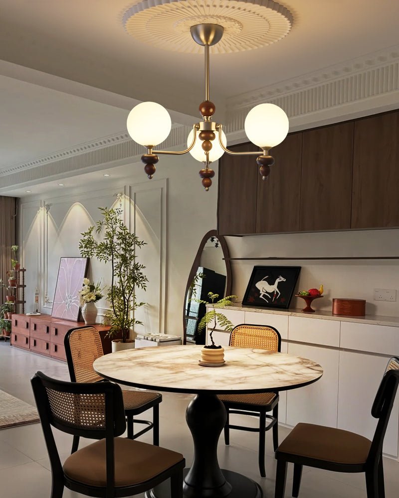 Celestial Sphere Walnut Chandelier – Modern Wood & Glass Pendant Light