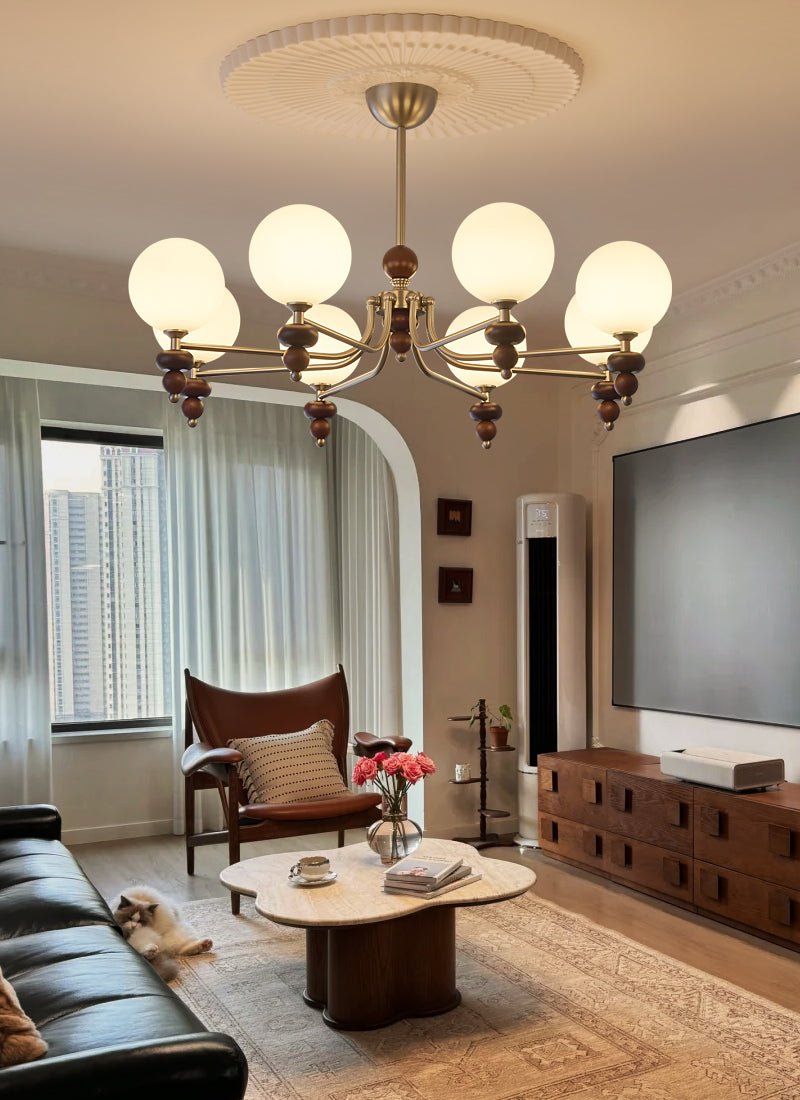 Celestial Sphere Walnut Chandelier – Modern Wood & Glass Pendant Light