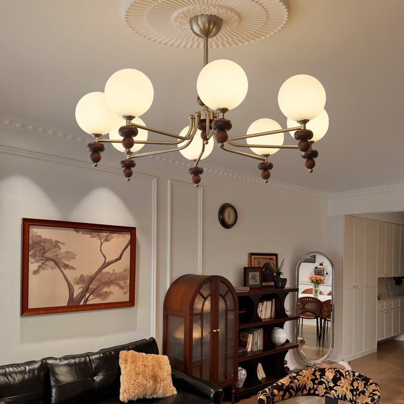 Celestial Sphere Walnut Chandelier – Modern Wood & Glass Pendant Light