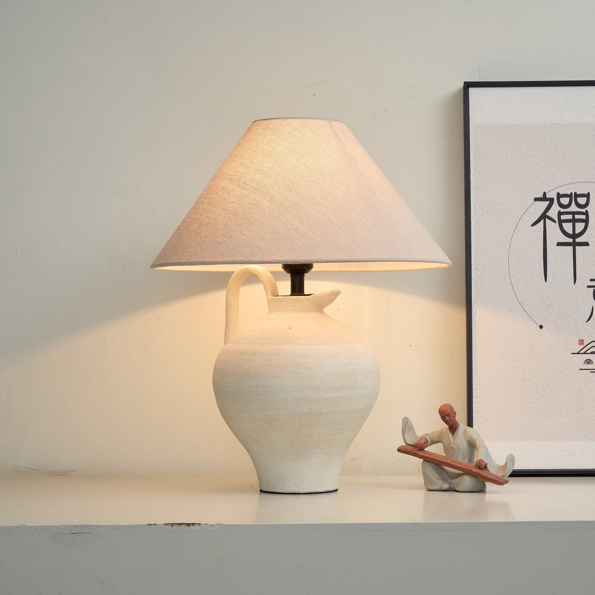Artisan Ceramic Pitcher Table Lamp with Linen Shade for Bedroom & Living Room