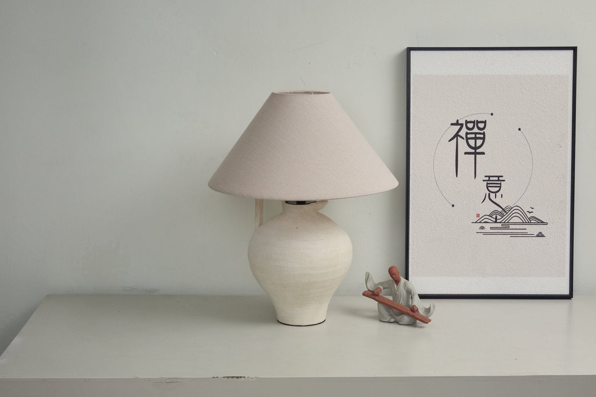 Artisan Ceramic Pitcher Table Lamp with Linen Shade for Bedroom & Living Room
