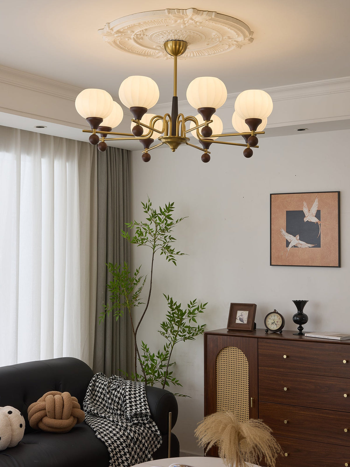 Ceylian Modern Wood and Glass Chandelier with Brass Accents for Dining Room and Foyer