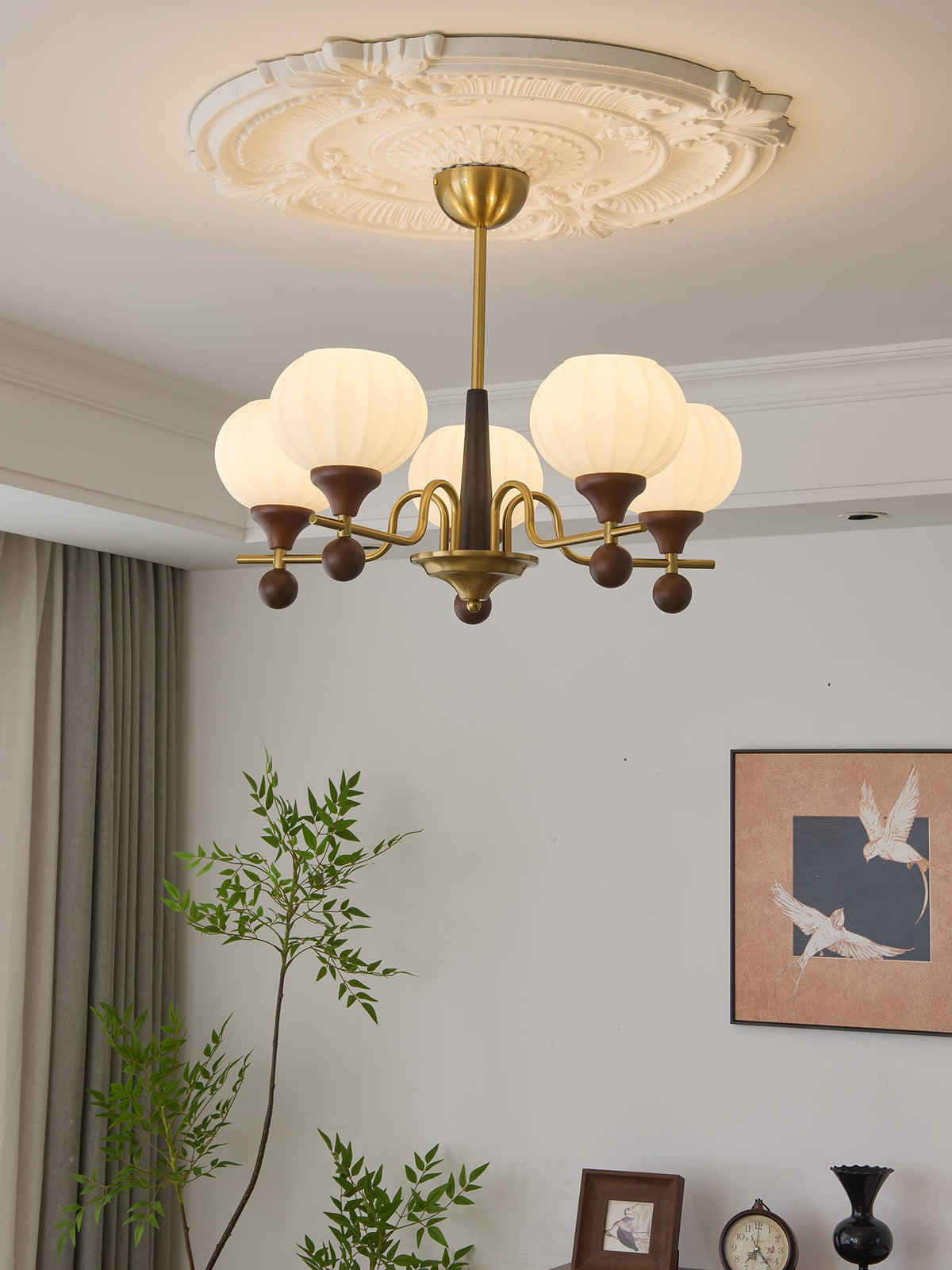 Ceylian Modern Wood and Glass Chandelier with Brass Accents for Dining Room and Foyer