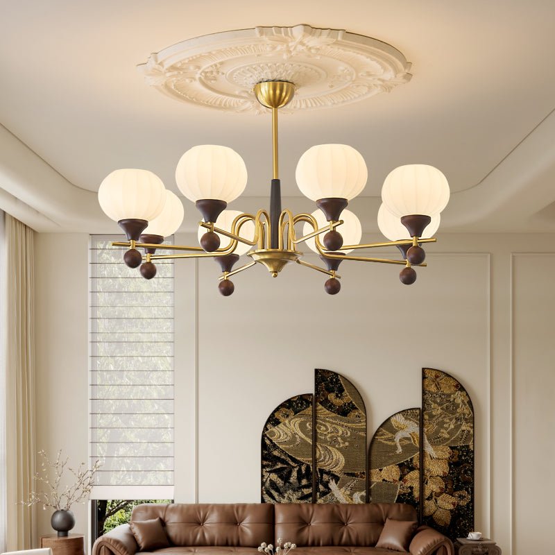 Ceylian Modern Wood and Glass Chandelier with Brass Accents for Dining Room and Foyer