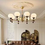 Ceylian Modern Wood and Glass Chandelier with Brass Accents for Dining Room and Foyer