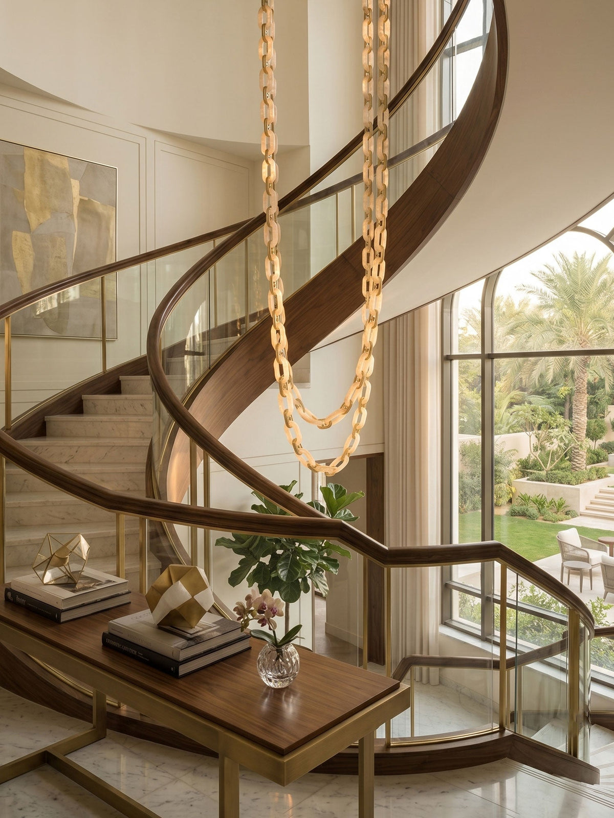 Modern Alabaster Chain Link Chandelier with Brass Accents