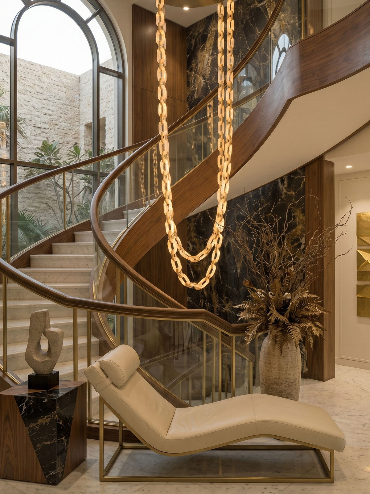 Modern Alabaster Chain Link Chandelier with Brass Accents