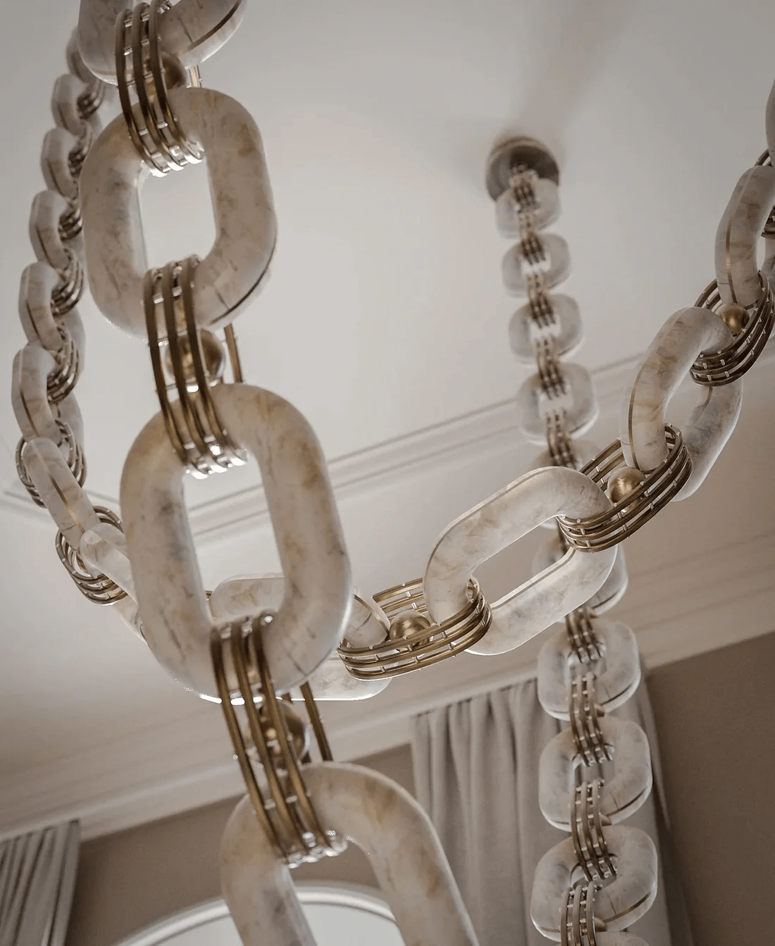 Modern Alabaster Chain Link Chandelier with Brass Accents