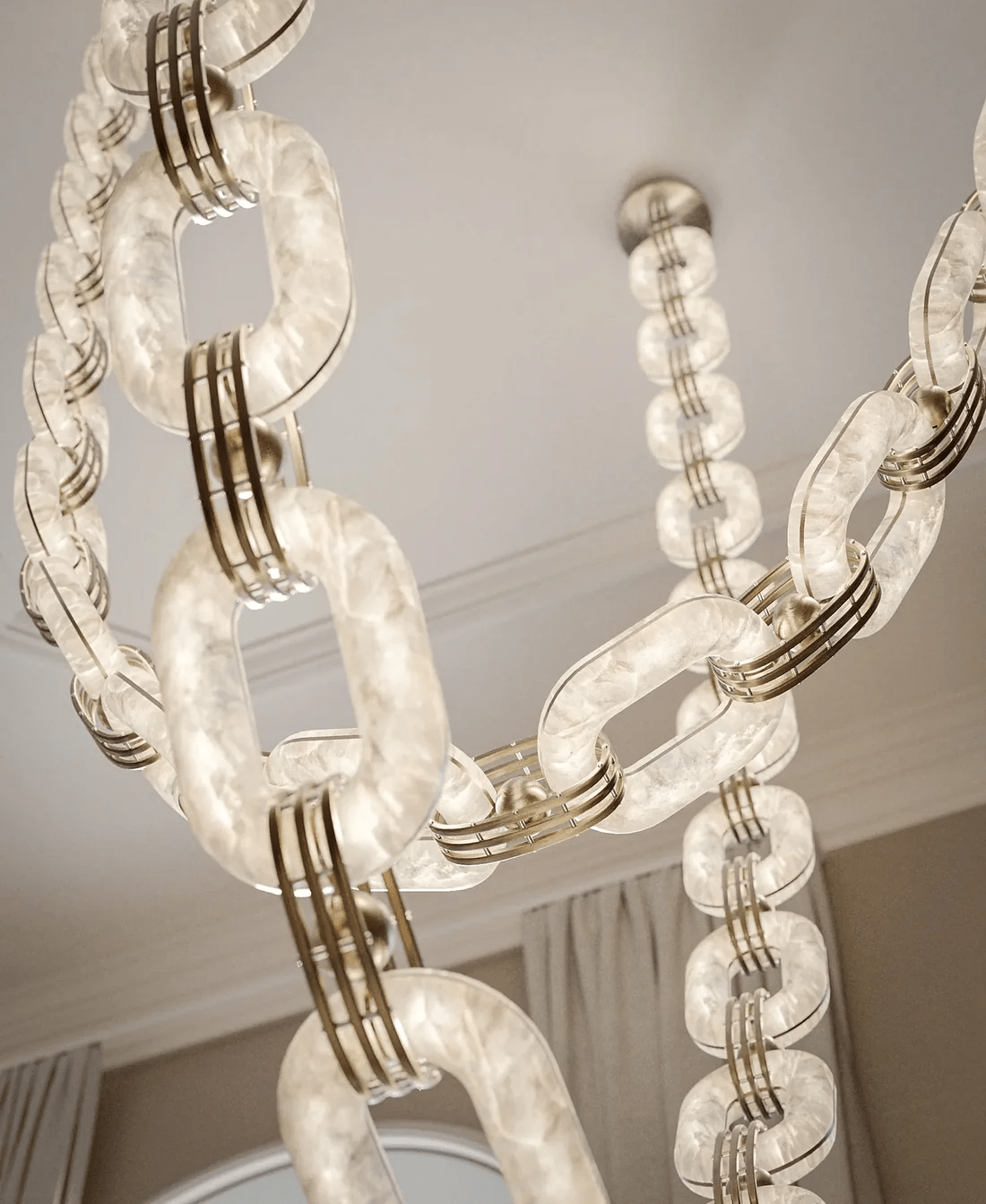 Modern Alabaster Chain Link Chandelier with Brass Accents