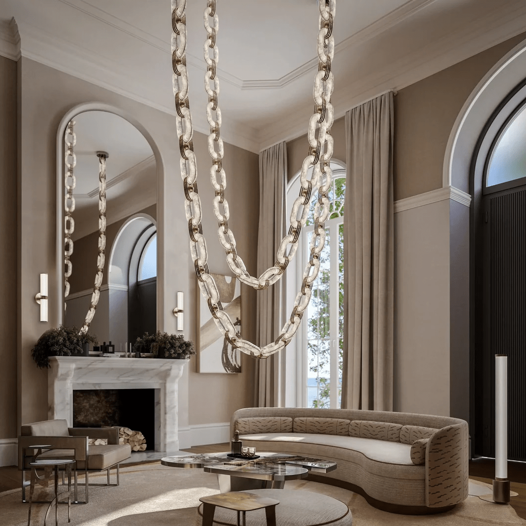 Modern Alabaster Chain Link Chandelier with Brass Accents