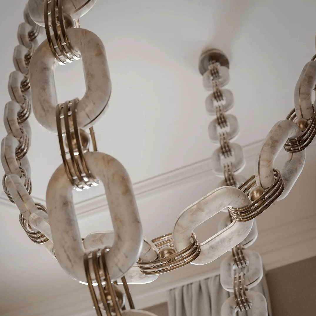 Modern Alabaster Chain Link Chandelier with Brass Accents
