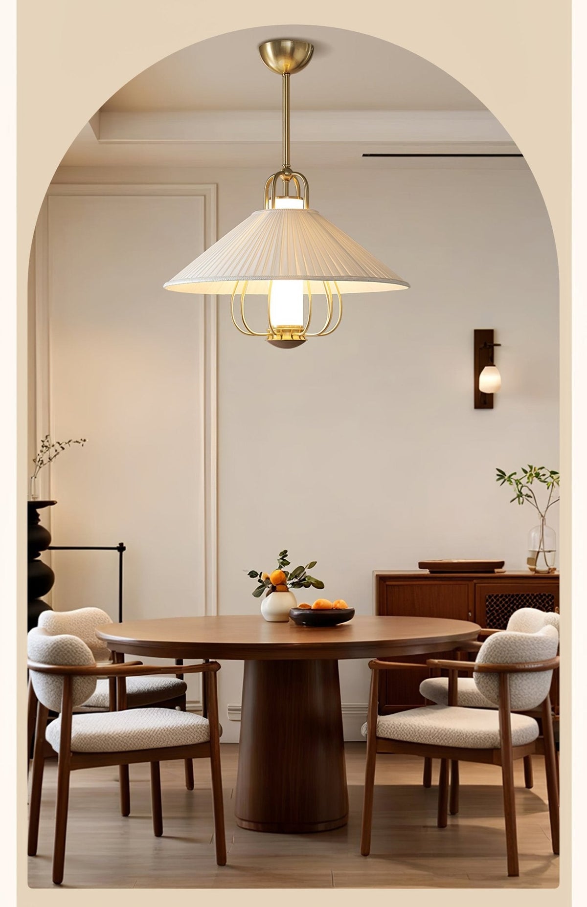 Chantelle Pendant Light – Pleated Fabric Shade with Gold Frame