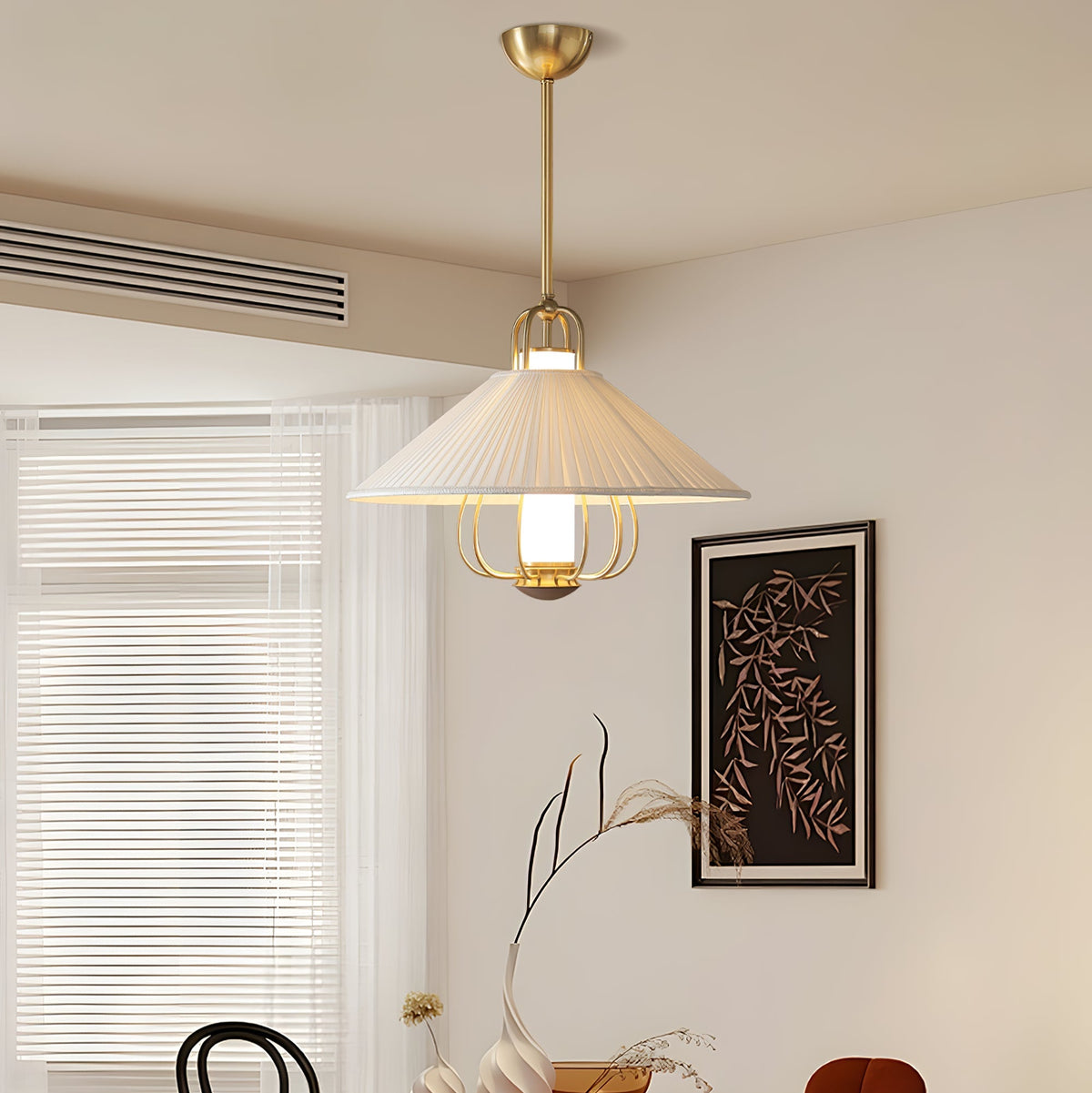 Chantelle Pendant Light – Pleated Fabric Shade with Gold Frame