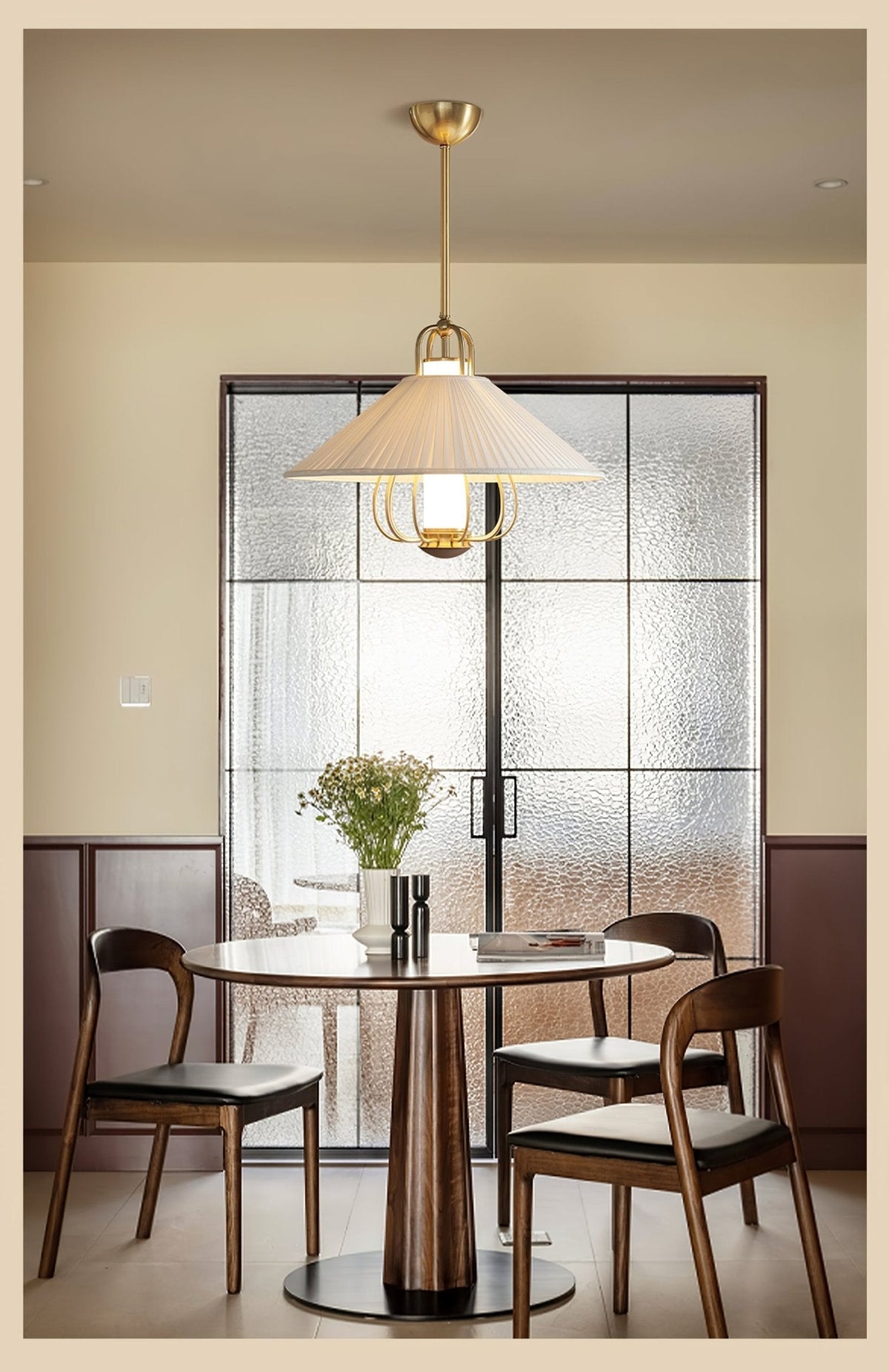 Chantelle Pendant Light – Pleated Fabric Shade with Gold Frame