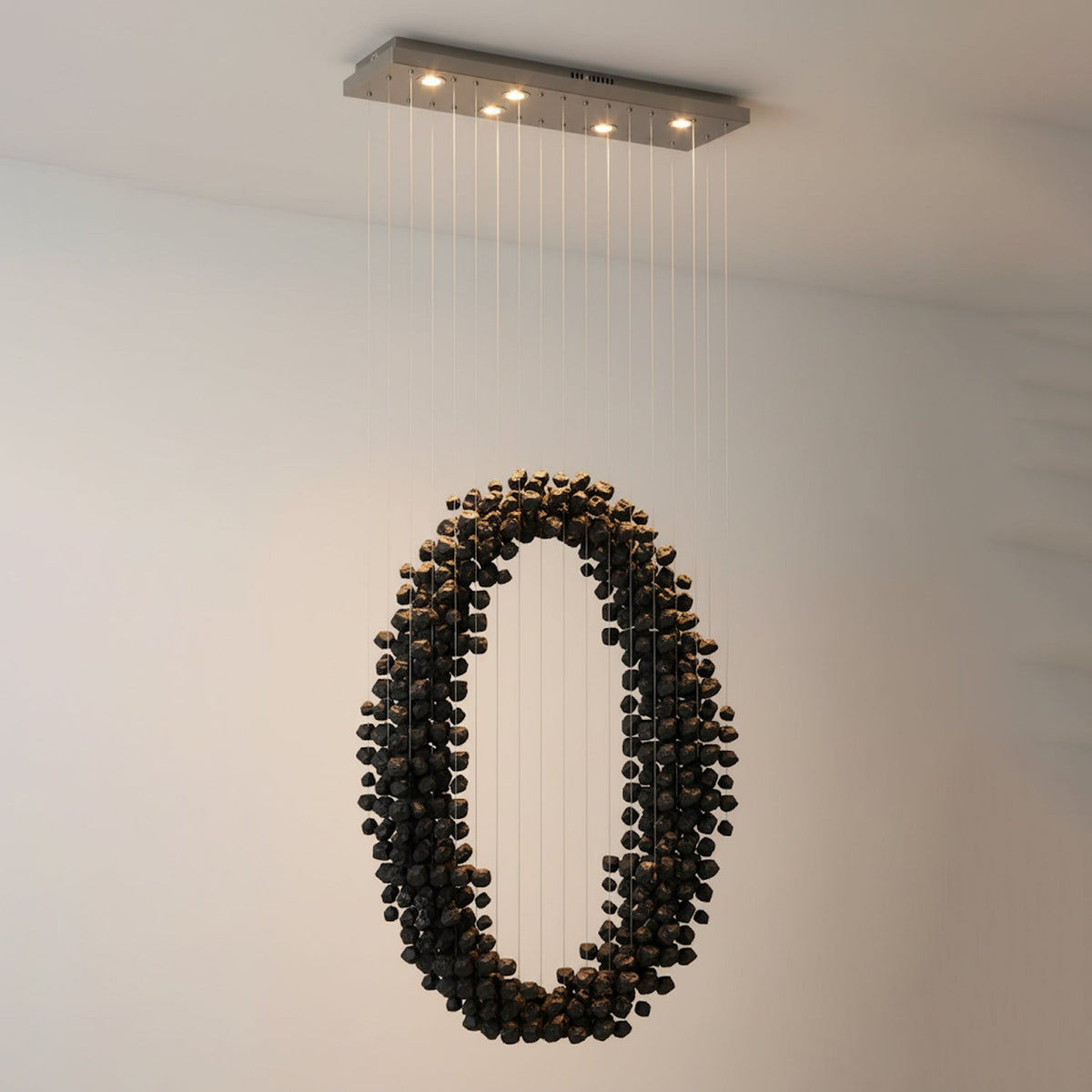 Charcoal Linear Chandelier in Black Iron and Stone for Modern Interiors