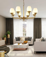 Charlie Eight-Light Brass Chandelier with Glass Shades for Dining and Living Rooms