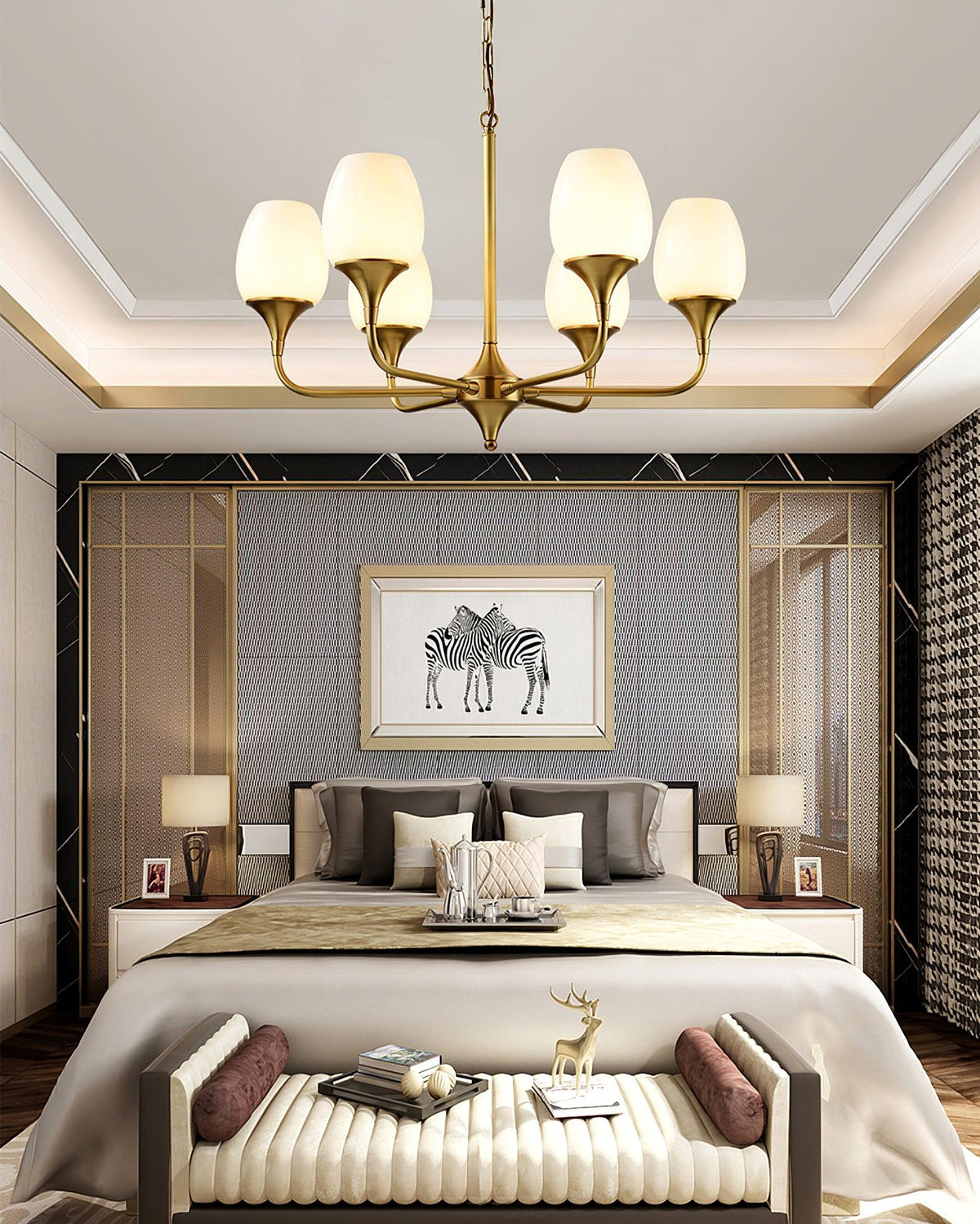 Charlie Eight-Light Brass Chandelier with Glass Shades for Dining and Living Rooms
