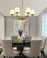 Charlie Eight-Light Brass Chandelier with Glass Shades for Dining and Living Rooms