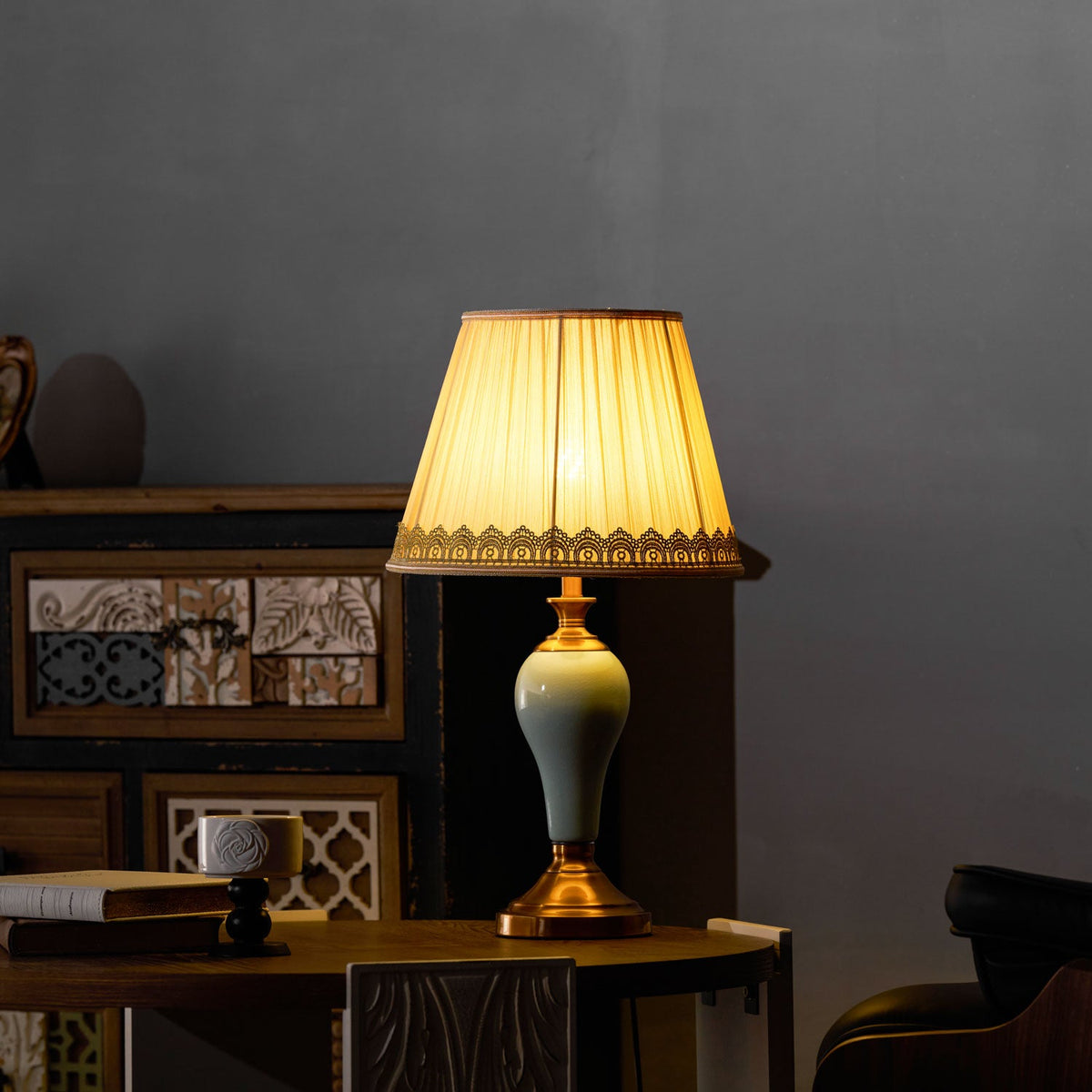 Chaslyn Desk Lamp – Blue Ceramic & Brass Table Lamp with Beige Fabric Shade