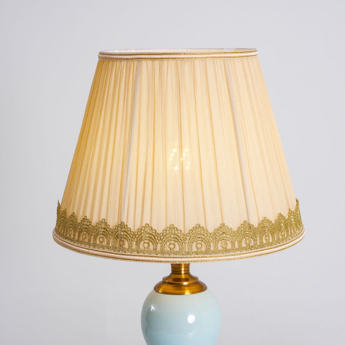 Chaslyn Desk Lamp – Blue Ceramic & Brass Table Lamp with Beige Fabric Shade