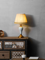 Chaslyn Desk Lamp – Blue Ceramic & Brass Table Lamp with Beige Fabric Shade
