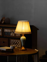 Chaslyn Desk Lamp – Blue Ceramic & Brass Table Lamp with Beige Fabric Shade