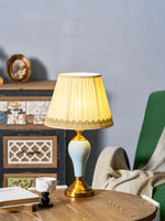 Chaslyn Desk Lamp – Blue Ceramic & Brass Table Lamp with Beige Fabric Shade