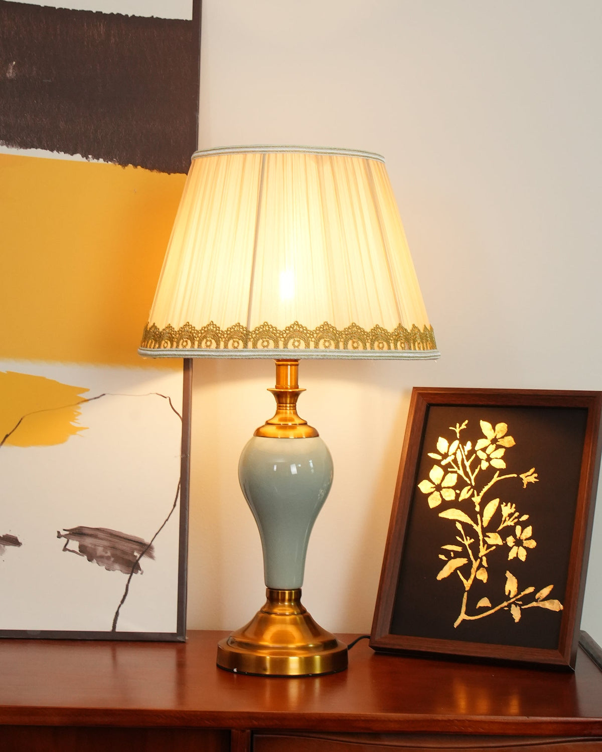 Chaslyn Desk Lamp – Blue Ceramic & Brass Table Lamp with Beige Fabric Shade
