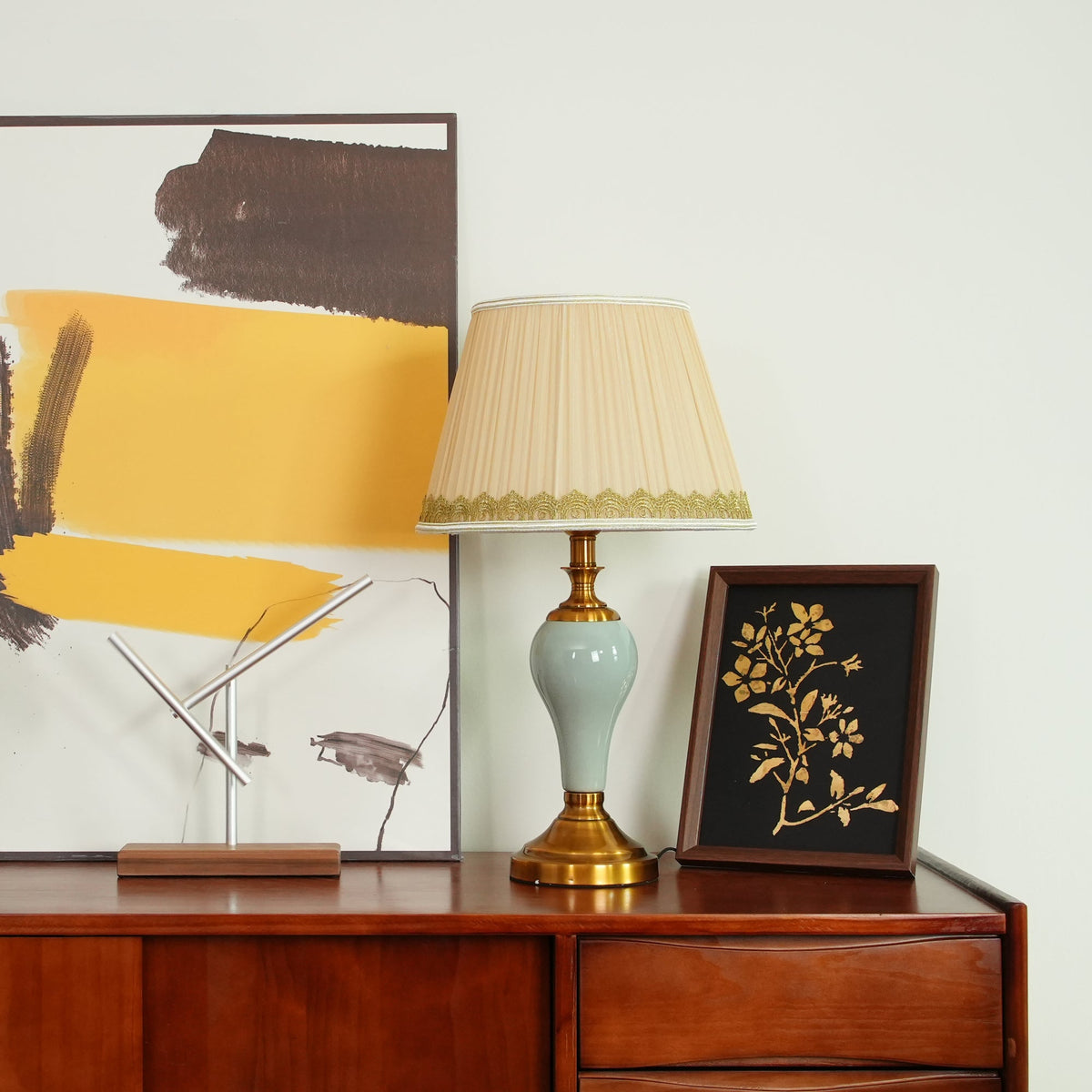 Chaslyn Desk Lamp – Blue Ceramic & Brass Table Lamp with Beige Fabric Shade